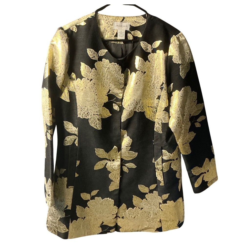 Peck & Peck Womens XL Black Gold Floral Brocade Metallic Jacket PE30248-06M
